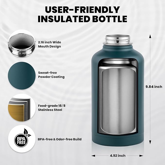 Insulated Water Bottle 64 oz, Triple Wall Vacuum Stainless Steel (Cold for 48 Hrs), Leak Proof & Non-BPA, Half Gallon Water Flask Jug with Paracord Handle & Straw Spout Lids, Dark Green