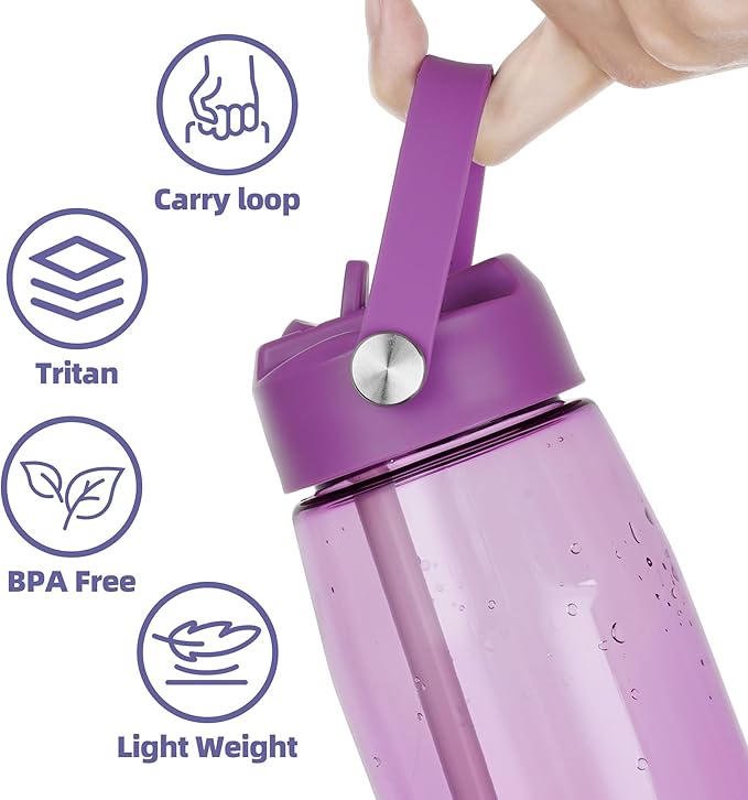 OLDLEY 32 oz Water Bottle with Straw, Leakproof Sports Water Bottle with Carry Strap, BPA-Free Large Water Bottles for Home,Travel, School, Outdoors, Gym, Tritan,Dark Purple