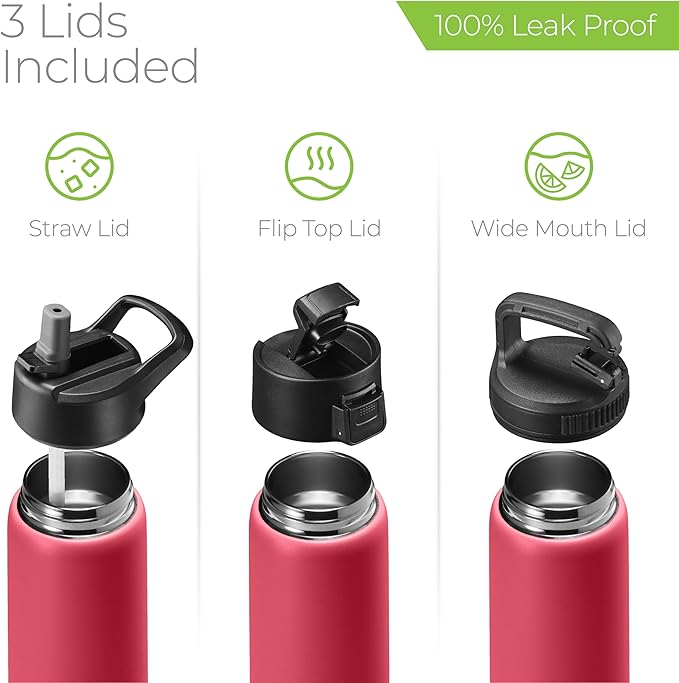 SIPX™ 25 oz Insulated Water Bottle with 3 Lids – Leakproof Stainless Steel, Triple Insulated – Cold 24 Hours/Hot 12 Hours – Durable Bottle for School, Gym, Travel – Red