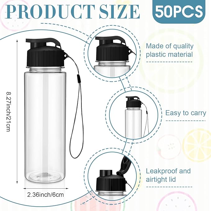 Domensi 50 Pieces Plastic Water Bottle Bulk 17 oz Sports Adults Reusable Large Water Bottles with Leak Proof Flip Top for Adults Fitness(Black)