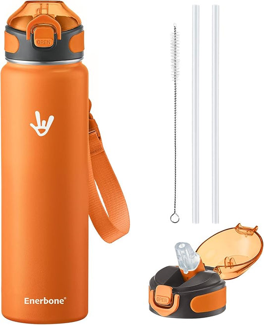 Enerbone 32 oz Insulated Water Bottle, Stainless Steel Bottle with Carrying Strap, Double-Wall Vacuum Insulation Design, Leakproof Sports Bottle with Straw, Keep Drinks Cold or Hot for Hours