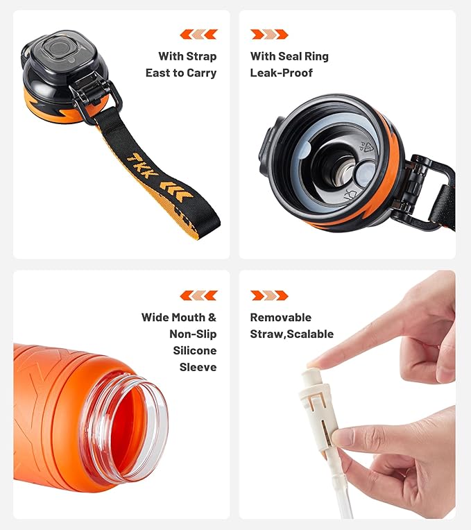 TKK Sports Water Bottles with Removable Straw 34 oz Leak-proof Flip Top Lid BPA Free Tritan Bottles with Strap for School, Fitness, Gym, Outdoor, Orange-Black