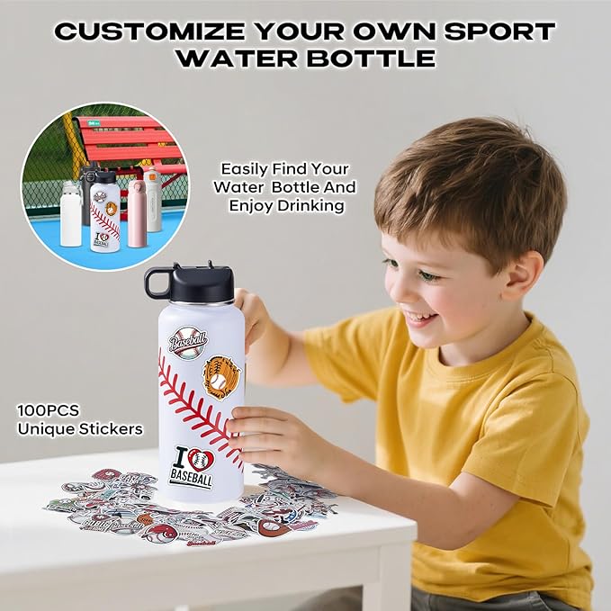Baseball Water Bottles for Boys 32 oz and 100 PCS Baseball Stickers Sports Insulated Stainless Steel Water Bottle Baseballs Accessories Stuff Gear Gifts For 8-12 12-14 Player