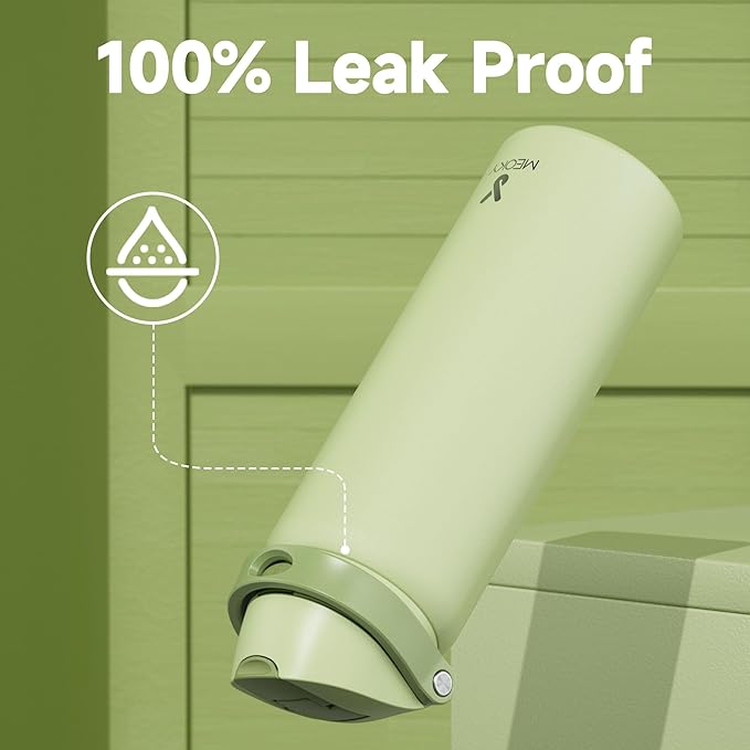 32 oz Insulated Water Bottle with Straw: Meoky Stainless Steel Metal Water Bottle with 2-in-1 Lid - Leak Proof, Cold for 24 Hours, Protective Silicone Base, BPA-Free for Sports Gym, Sage