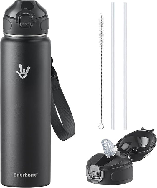 Enerbone 32 oz Insulated Water Bottle, Stainless Steel Bottle with Carrying Strap, Double-Wall Vacuum Insulation Design, Leakproof Sports Bottle with Straw, Keep Drinks Cold or Hot for Hours