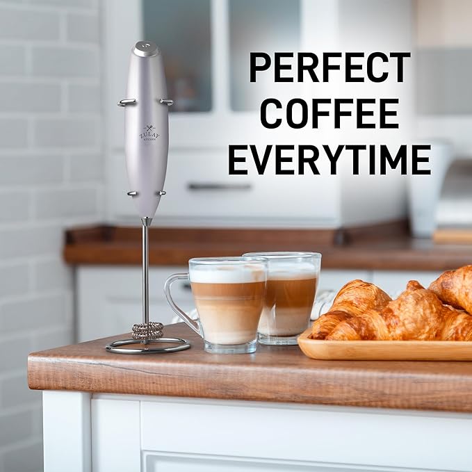 Zulay Kitchen Powerful Double Whisk Milk Frother Handheld - Foam Maker With Stand - Whisk Drink Mixer for Coffee, Mini Foamer for Latte, Matcha, Frappe, Hot Chocolate & Cappuccino (Silver)