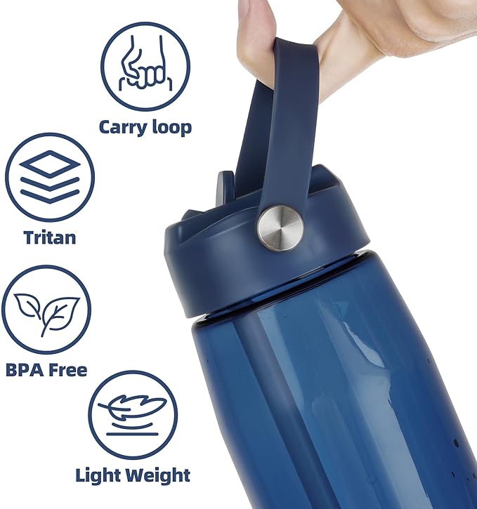 OLDLEY 32 oz Water Bottle with Straw, Leakproof Sports Water Bottle with Carry Strap, BPA-Free Large Water Bottles for Home,Travel, School, Outdoors, Gym, Tritan, Navy Blue