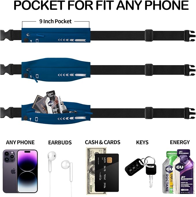 USHAKE Slim Running Belt for Women Men-Runners Phone Holder Fanny Pack, Adjustable, Bounce Free Waist Pouch bag for Workout, Money Belt, Run Gear Accessories Navy Blue
