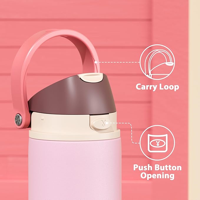 24 oz Insulated Water Bottle for Sports: Meoky Stainless Steel Water Bottle with Straw and Spout Lid - Leak Proof, Cold for 24 Hours, Fits in Car Cup Holder, BPA-Free for Women Travel, Angel Food Cake