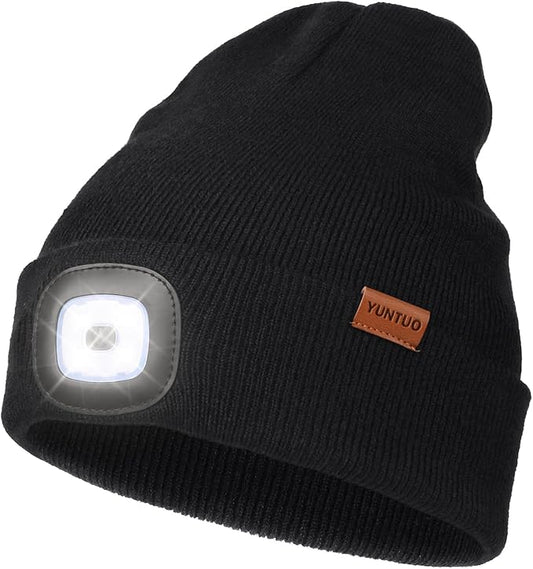 YunTuo LED Beanie with The Light, Unisex USB Rechargeable Headlamp Winter Knitted Cap Gifts for Men Dad Husband Him