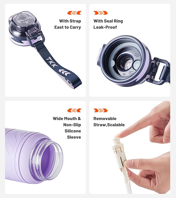 TKK Sports Water Bottles with Removable Straw 34 oz Leak-proof Flip Top Lid BPA Free Tritan Bottles with Strap for School, Fitness, Gym, Outdoor, Purple-White