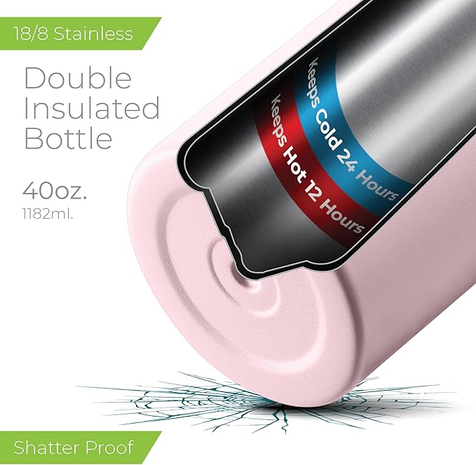 SIPX™ 40 oz Insulated Water Bottle with 3 Lids – Leakproof Stainless Steel, Triple Insulated – Cold 24 Hours/Hot 12 Hours – Durable Bottle for School, Gym, Travel – Light Pink