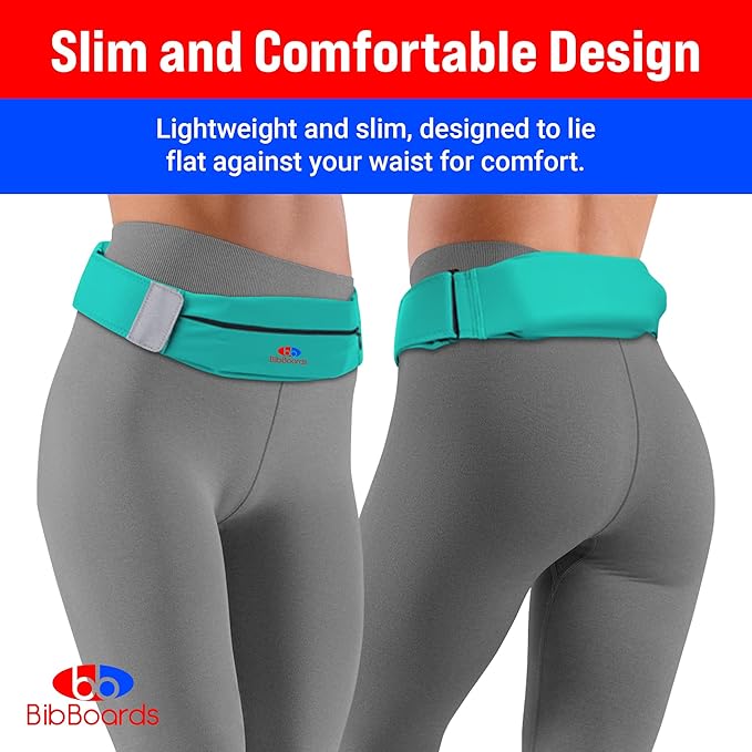 BibBoards Running Belt, Turquoise | No-Bounce, Water & Sweat-Resistant Fanny Pack for Phone, Keys, Cards | Adjustable Waist 38”-48” | Lightweight for Running, Cycling, Hiking, Marathons and Races