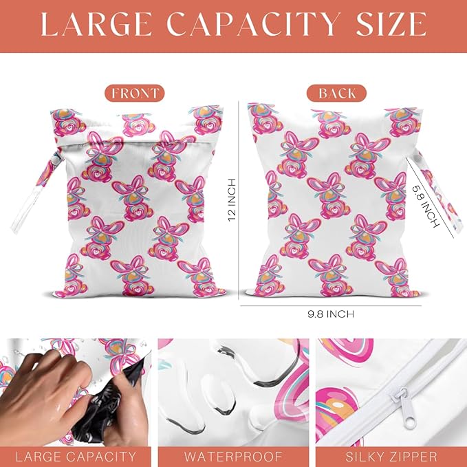 4 Pack Cute Bunny Easter Coquette Easter Bow Rabbit Wet Bag Waterproof Reusable Wet Dry Bag for Swimsuit Travel Beach Pool Yoga Gift for Women Sister Birthday Christmas Mothers Day Easter Party