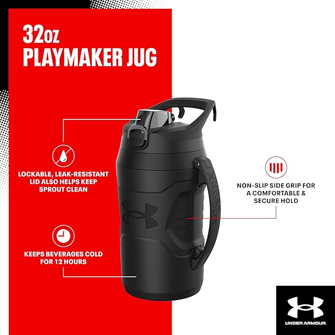 Under Armour 32 oz Insulated Water Bottles - Sports Water Jug with Handle, Fence Hook, Leak Resistant for Baseball, Football & More, 32 oz Water Bottles (Pack of 4)