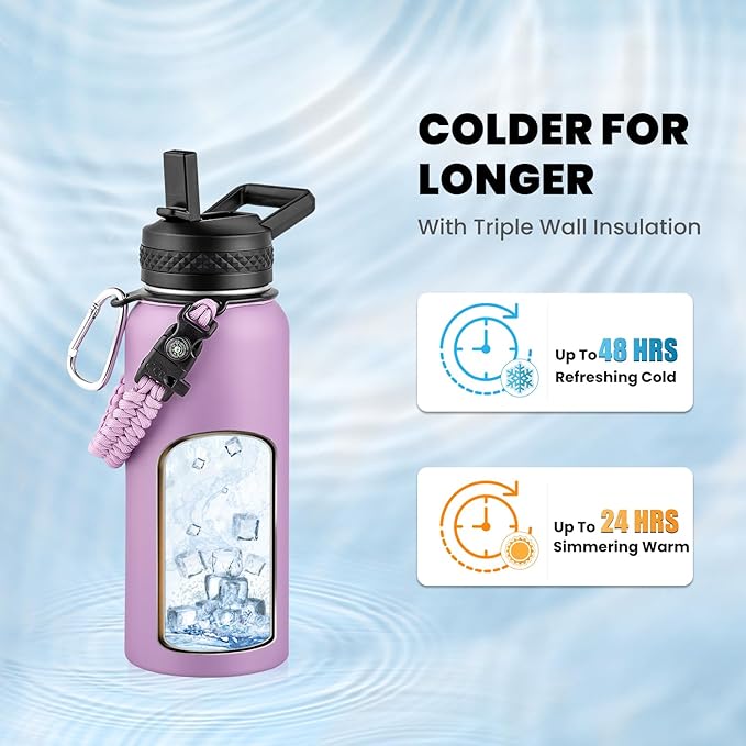 Insulated Water Bottle 32 oz, Triple Wall Vacuum Stainless Steel (Cold for 48 Hrs), Leak Proof & Non-BPA, Modern Water Flask Jug with Paracord Handle & Straw Spout Lids, Lilac
