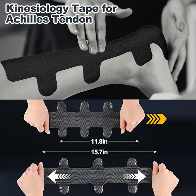 30 Pcs Achilles Tendonitis Kinesiology Tape Precut Achilles Tendon Ankle Tape Latex Free for Sprained Ankle Relief Muscle Support Foot Pain Athletic Sport(Black)