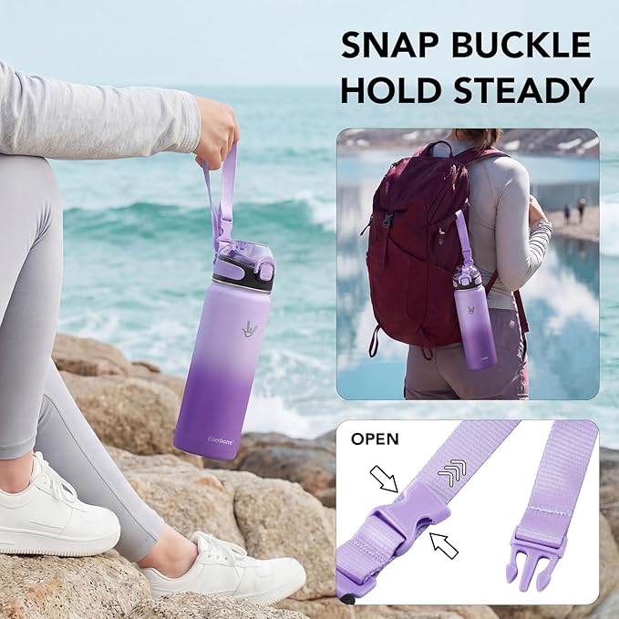 Enerbone 24 oz Insulated Water Bottle, 24oz 2 Lids (with Straw/No Straw), Stainless Steel Double Wall Flask for Hot & Cold Drinks, Leakproof Travel Bottle for Gym, Office, Hiking