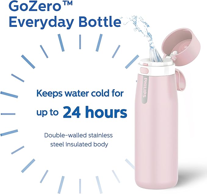 PHILIPS Water Bottle with Filter, Filter Water Bottle Stainless Steel with GoZero Everyday BPA-Free Tap Water Filter, Water Filter Bottle Keep Drink Cold 24 Hours, 1 Filter for 40 gal / 2 Months