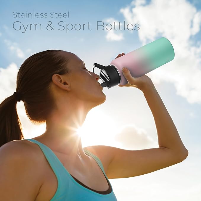 SIPX™ 40 oz Insulated Water Bottle with 3 Lids – Leakproof Stainless Steel, Triple Insulated – Cold 24 Hours/Hot 12 Hours – Durable Bottle for School, Gym, Travel – Gradient Mint Pink
