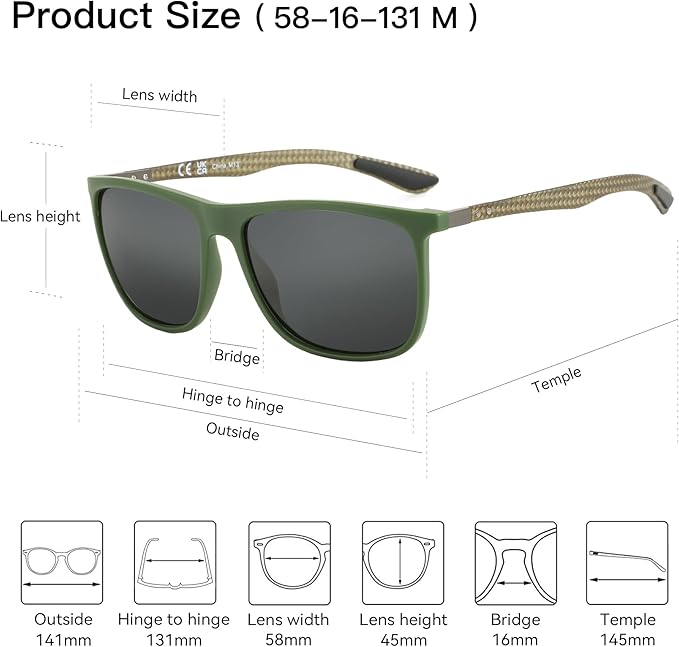 ZENOTTIC Square Polarized Sunglasses for Men Ultralight Carbon Fiber Sun Glasses Driving Fishing Golf Sports UV400 Protection