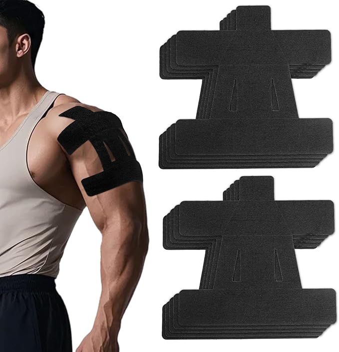 10pcs Kinesiology Tape for Shoulder, Waterproof Muscle Tape Precut Strips Breathable Elastic Pre Cut Athletic Accessories for Body Fitness Shoulder Support Sports & Physical Relaxation (Black)