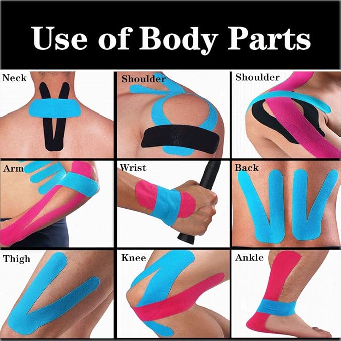 4 Pack Kinesiology Tape 16ft Latex Free Elastic Waterproof Breathable Athletes Sports Tape for Knees, Ankles, Elbow, Pain Relief and Shoulder Muscle (Black, Skin)