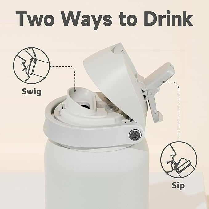 40 oz Insulated Water Bottle with Straw: Meoky Stainless Steel Metal Water Bottle with 2-in-1 Lid - Leak Proof, Cold for 24 Hours, Protective Silicone Base, BPA-Free for Sports Gym, Ivory