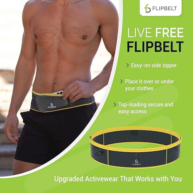 FlipBelt Lightweight Running Air Belt, Fitness and Running Fanny Pack for Women and Men, Non Chafing Waist Band Pack for Phone, Keys, Money, Moisture Wicking Storage Belt, USA Company