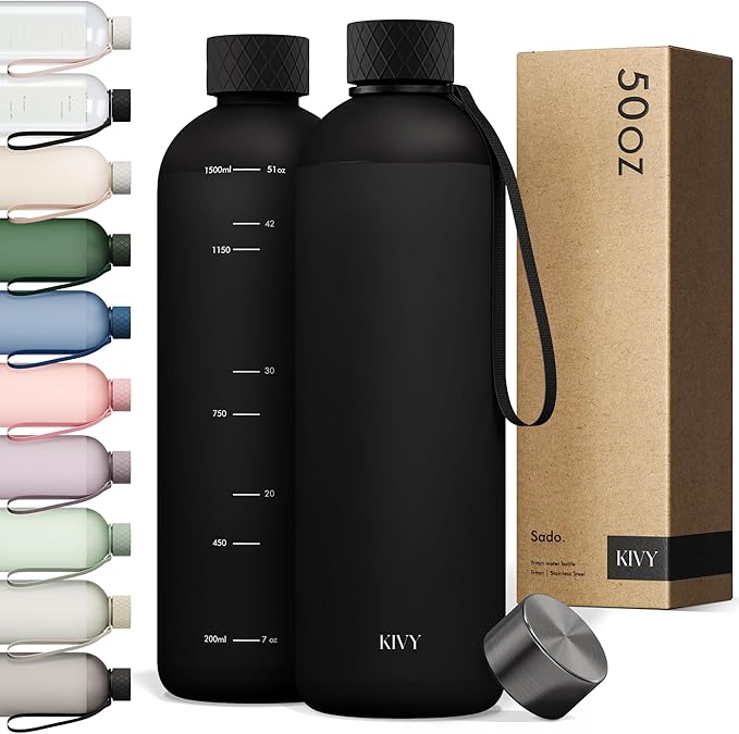 KIVY Large Water Bottle 50oz [Lightweight & Shatterproof] Fits Backpack & Cupholder for Travel, Sports, School - Black water bottle no straw - 1.5 Liter water bottles - 50oz Water bottle