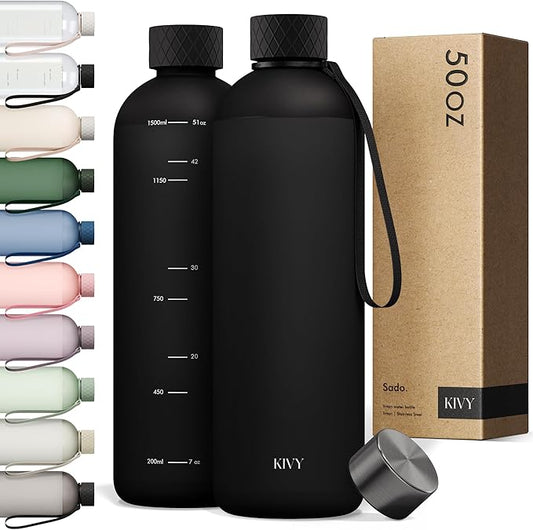 KIVY Large Water Bottle 50oz [Lightweight & Shatterproof] Fits Backpack & Cupholder for Travel, Sports, School - Black water bottle no straw - 1.5 Liter water bottles - 50oz Water bottle