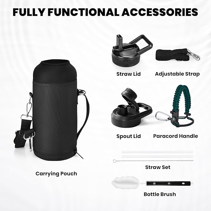 Insulated Water Bottle 32 oz, Triple Wall Vacuum Stainless Steel (Cold for 48 Hrs), Leak Proof & Non-BPA, Modern Water Flask Jug with Paracord Handle & Straw Spout Lids, Dark Green