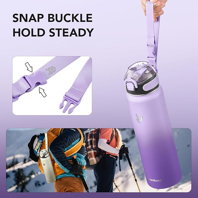 Enerbone 32 oz Insulated Water Bottle, Stainless Steel Bottle with Carrying Strap, Double-Wall Vacuum Insulation Design, Leakproof Sports Bottle with Straw, Keep Drinks Cold or Hot for Hours