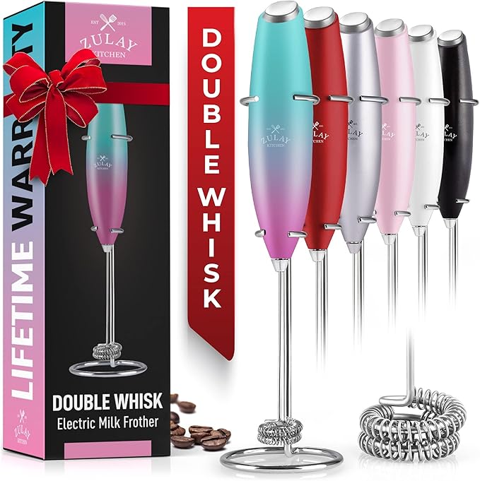 Zulay Kitchen Powerful Double Whisk Milk Frother Handheld - Foam Maker With Stand - Whisk Drink Mixer for Coffee, Mini Foamer for Latte, Matcha, Frappe, Hot Chocolate & Cappuccino (Bubblegum)