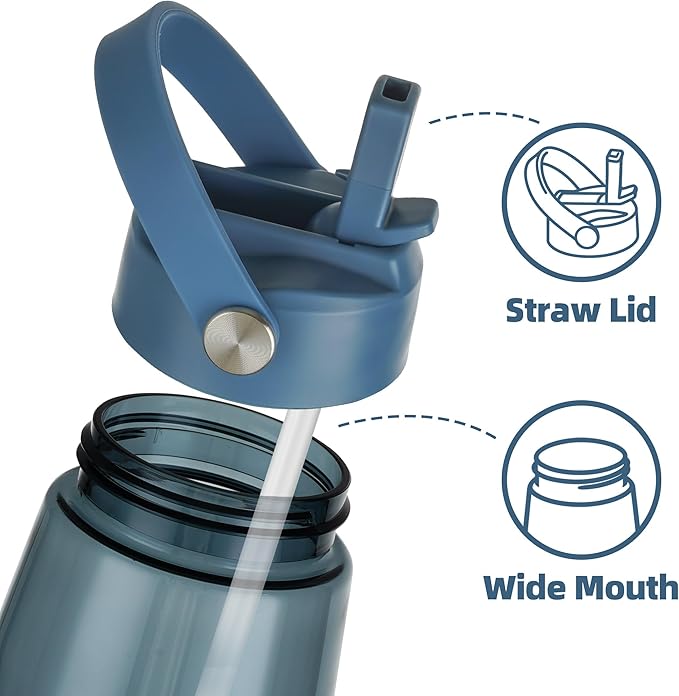 OLDLEY 32 oz Water Bottle with Straw, Leakproof Sports Water Bottle with Carry Strap, BPA-Free Large Water Bottles for Home,Travel, School, Outdoors, Gym, Tritan, Ink Blue