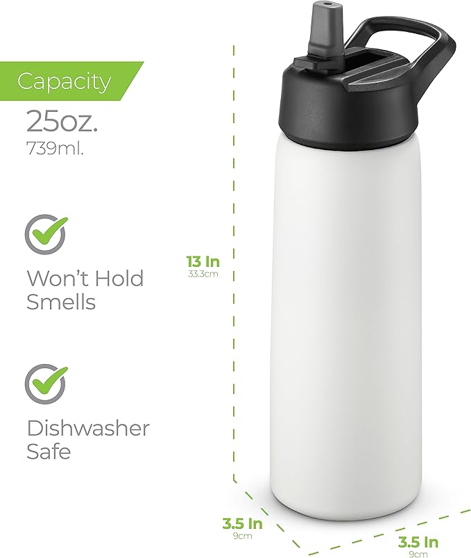 SIPX™ 25 oz Insulated Water Bottle with 3 Lids – Leakproof Stainless Steel, Triple Insulated – Cold 24 Hours/Hot 12 Hours – Durable Bottle for School, Gym, Travel – White
