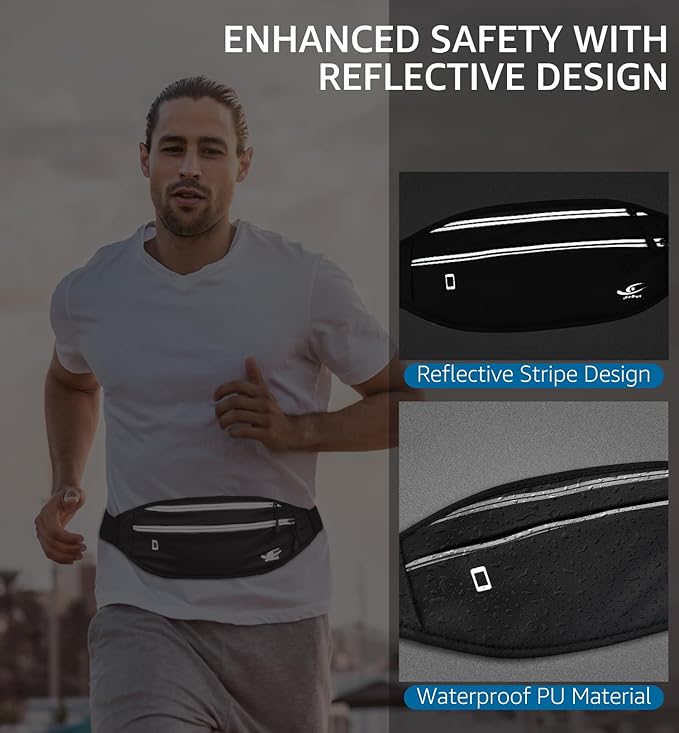 HiRui Slim Fanny Pack for Men Women, Adjustable Exercise Waist Pack Reflective Running Belt for Sports Workout Cycling Hiking, Casual Hands-Free Wallets Phone Bag Fits All Phones (Black)
