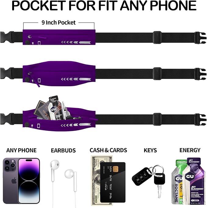 USHAKE Slim Running Belt for Women Men-Runners Phone Holder Fanny Pack, Adjustable, Bounce Free Waist Pouch bag for Workout, Money Belt, Run Gear Accessories Purple