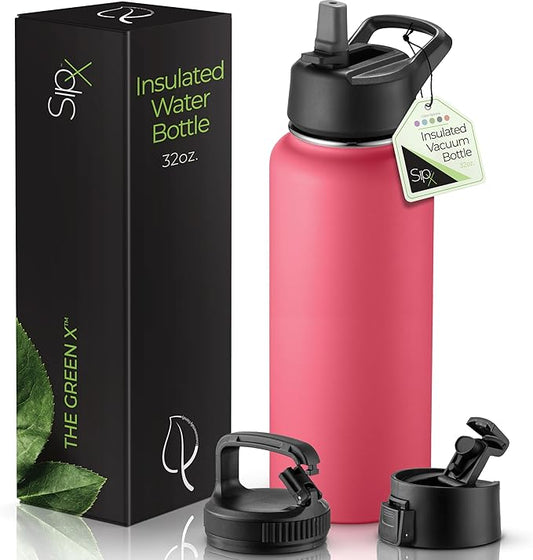 SIPX™ 32 oz Insulated Water Bottle with 3 Lids – Leakproof Stainless Steel, Triple Insulated – Cold 24 Hours/Hot 12 Hours – Durable Bottle for School, Gym, Travel – Red