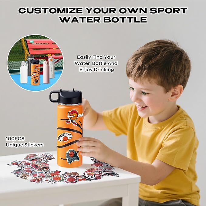 Basketball Water Bottles for Boys 18 oz and 100 PCS Basketball Stickers Sports Insulated Stainless Steel Water Bottle Basketballs Accessories Stuff Gear Gifts For 8-12 12-14 Player