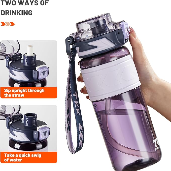 TKK Sports Water Bottles with Removable Straw 29 oz Leak-proof Flip Top Lid BPA Free Tritan Bottles with Strap for School, Fitness, Gym, Outdoor, Purple