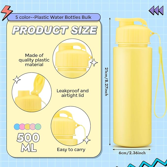 Domensi 50 Pieces Plastic Water Bottle Bulk 17 oz Sports Adults Reusable Large Water Bottles with Leak Proof Flip Top for Adults Fitness (Solid Pastel)