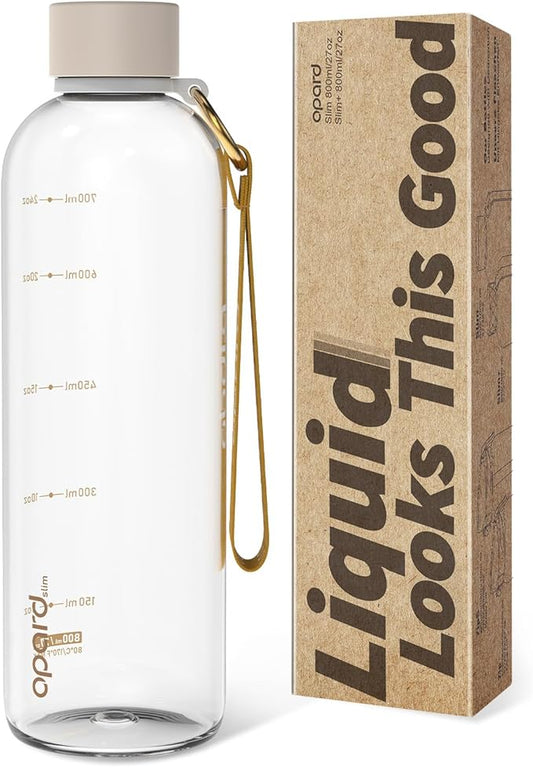 Opard Slim Water Bottle 27oz, Dishwasher Safe Plastic Water Bottle BPA-Free, Leakproof Screw Top, Clear Cream, Reusable for Travel School Sport Gym Hiking