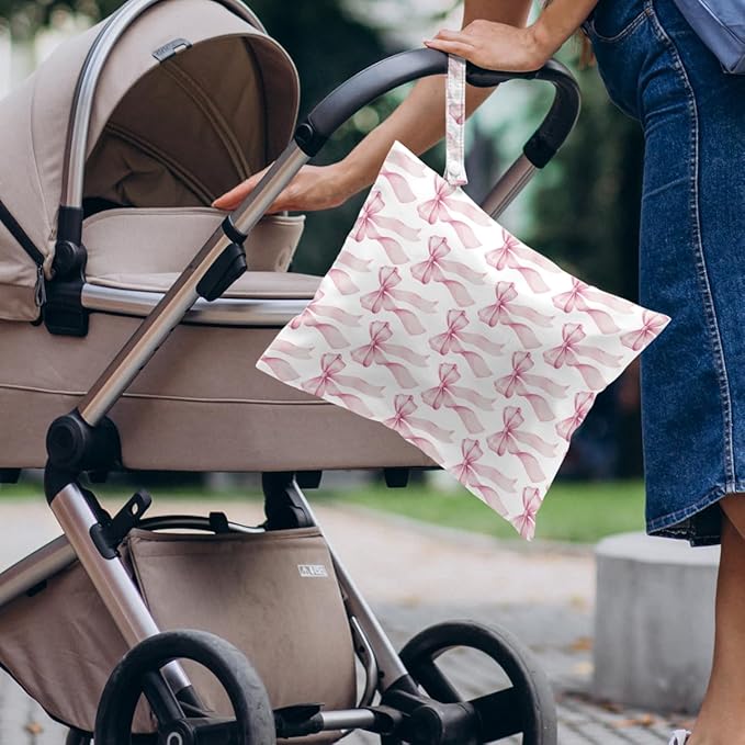 4 Pack Cute Pink Blue Bow Watercolor Bow Wet Bag Waterproof Reusable Wet Dry Bag for Swimsuit Dirty Clothes Diaper Beach Pool Party Camping Gift for Women Mommy Christmas Wedding Bachelorette Party