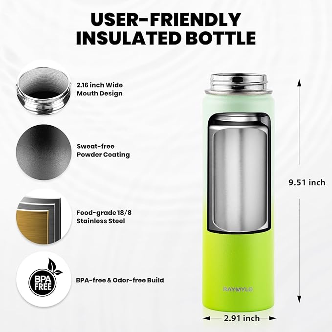 Insulated Water Bottle 20 oz, Triple Wall Vacuum Stainless Steel (Cold for 48 Hrs), Leak Proof & Non-BPA, Kids Water Bottle Jug for School with Straw Spout Lids, Ombre Green