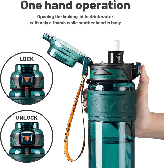 TKK Sports Water Bottles with Removable Straw 34 oz Leak-proof Flip Top Lid BPA Free Tritan Bottles with Strap for School, Fitness, Gym, Outdoor, Green