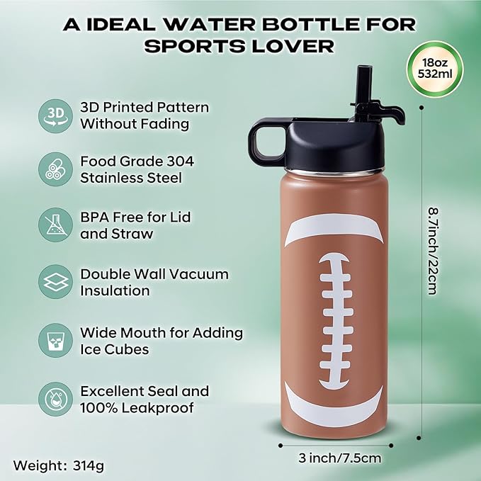 Football Water Bottles for Boys 18 oz and 100 PCS Football Stickers Sports Insulated Stainless Steel Water Bottle Footballs Accessories Stuff Gear Gifts For 8-12 12-14 Player