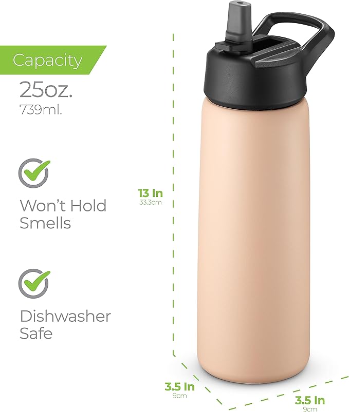 SIPX™ 25 oz Insulated Water Bottle with 3 Lids – Leakproof Stainless Steel, Triple Insulated – Cold 24 Hours/Hot 12 Hours – Durable Bottle for School, Gym, Travel – Pink