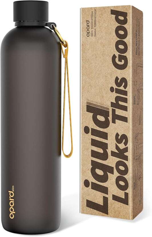Opard Slim Water Bottle 32oz, Dishwasher Safe Plastic Water Bottle BPA-Free, Leakproof Screw Top, Charcoal Black, Reusable for Travel School Sport Gym Hiking