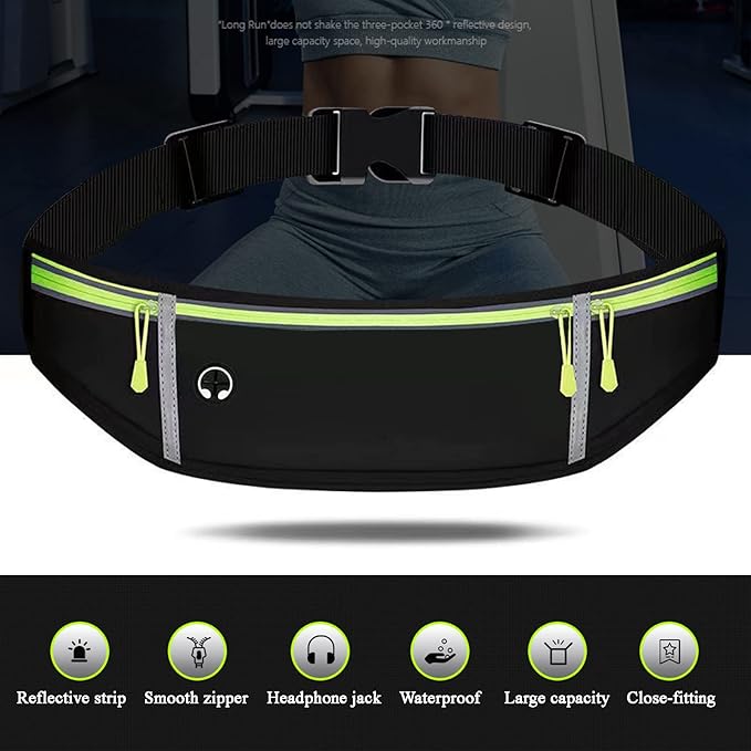 Waist pack sport running Belt Pack with adjustable Strap for running hiking travel outdoors sport (Black, 3 Pockets)